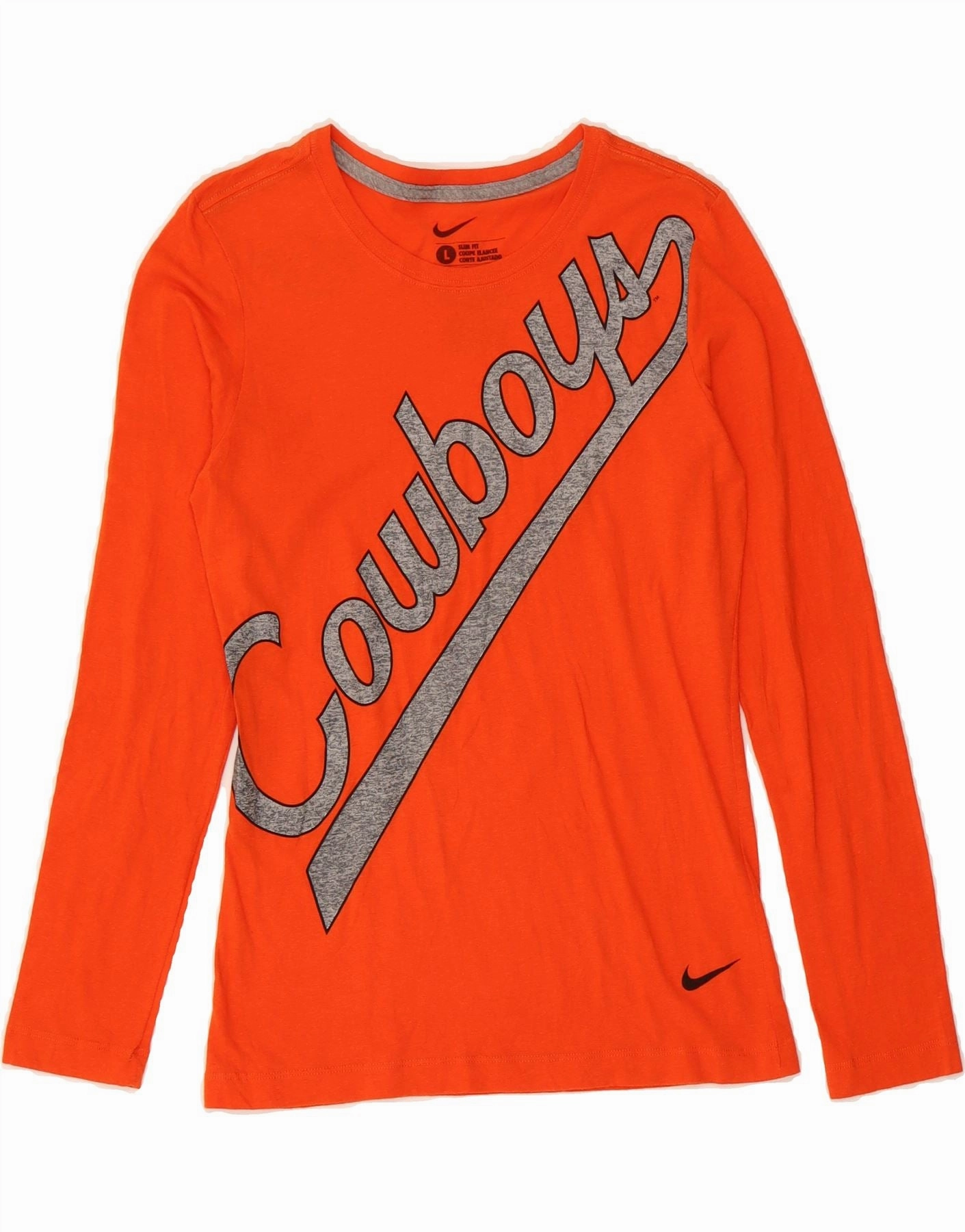 NIKE Womens Slim Fit Graphic Top Long Sleeve UK 14 Large Orange Cotton