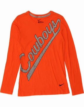 NIKE Womens Slim Fit Graphic Top Long Sleeve UK 14 Large Orange Cotton