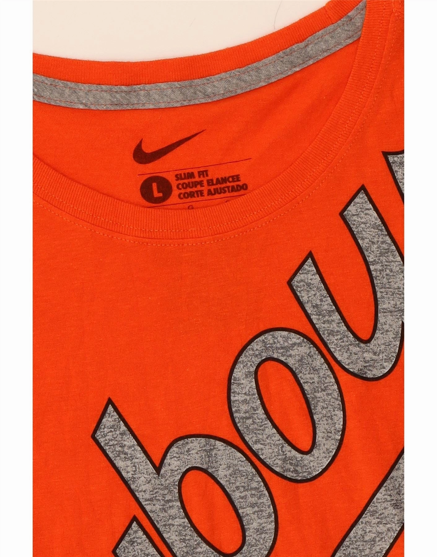 NIKE Womens Slim Fit Graphic Top Long Sleeve UK 14 Large Orange Cotton